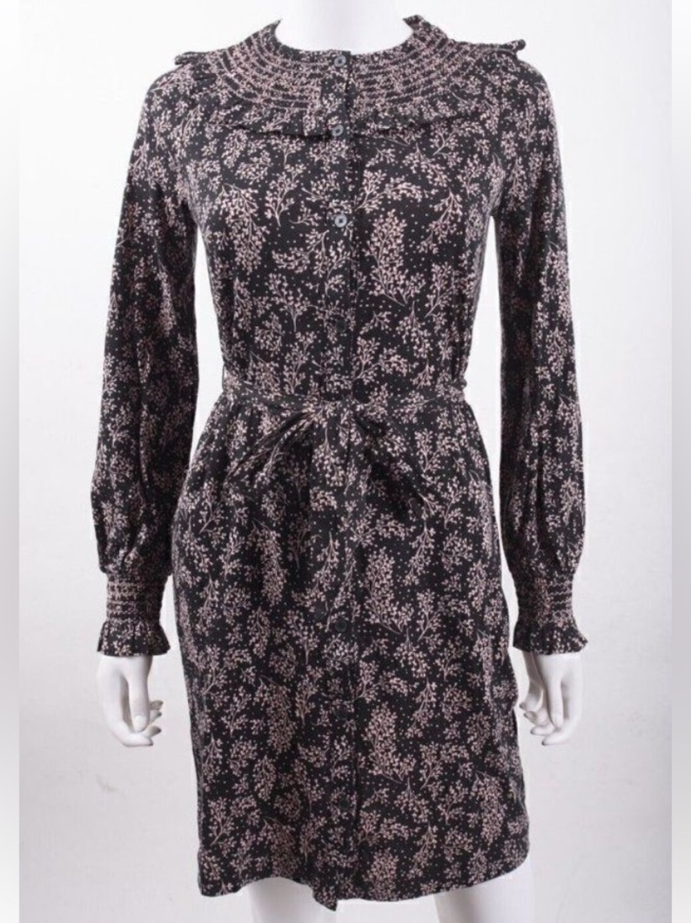 Boden Black & Rose-Beige Floral Long-Sleeve Belted Dress